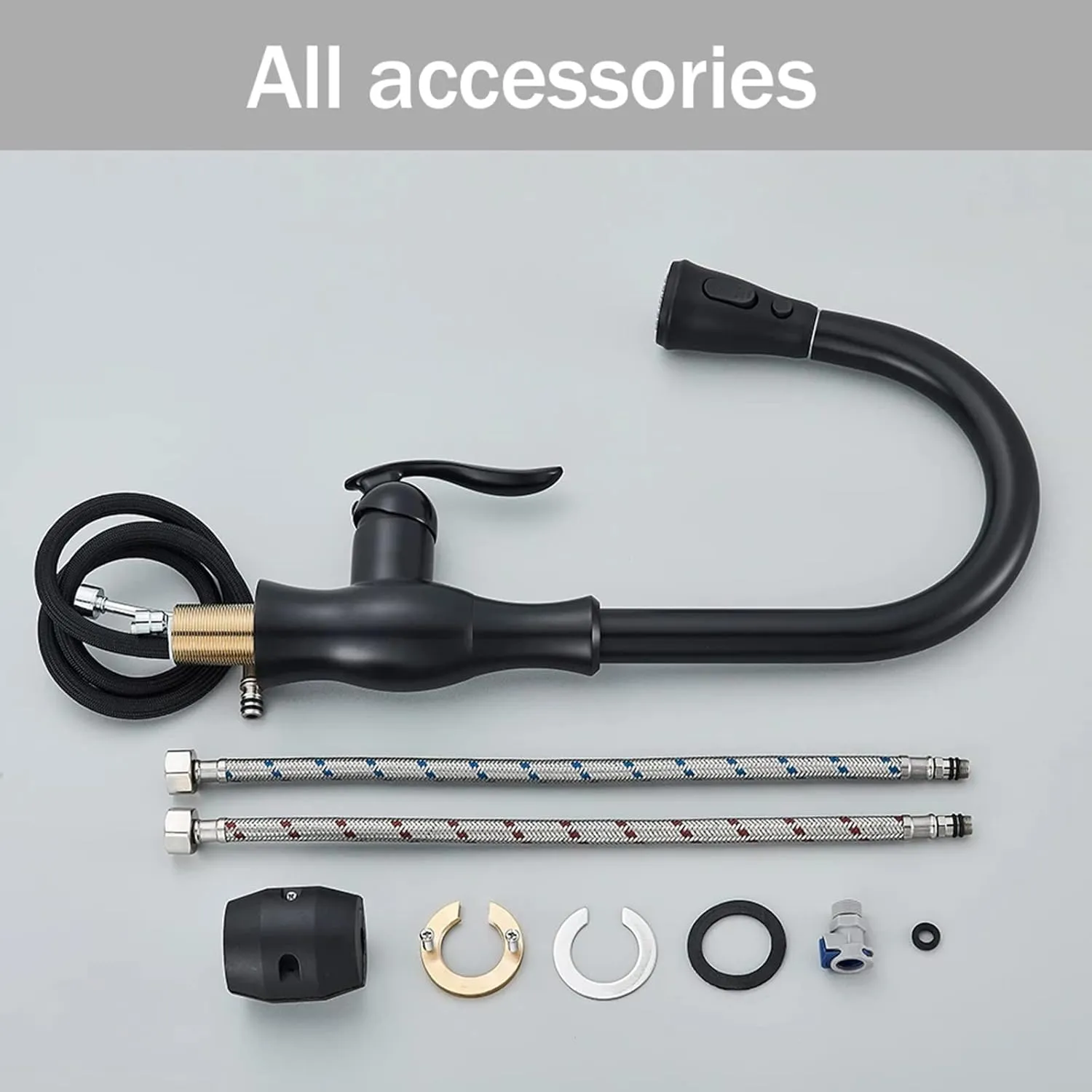 Faucet Pull Down Sprayer Brass Sink Faucet with 2-Spray Mode Single Handle High Arc Tap for Kitchen, RV, Bar,Matte Black