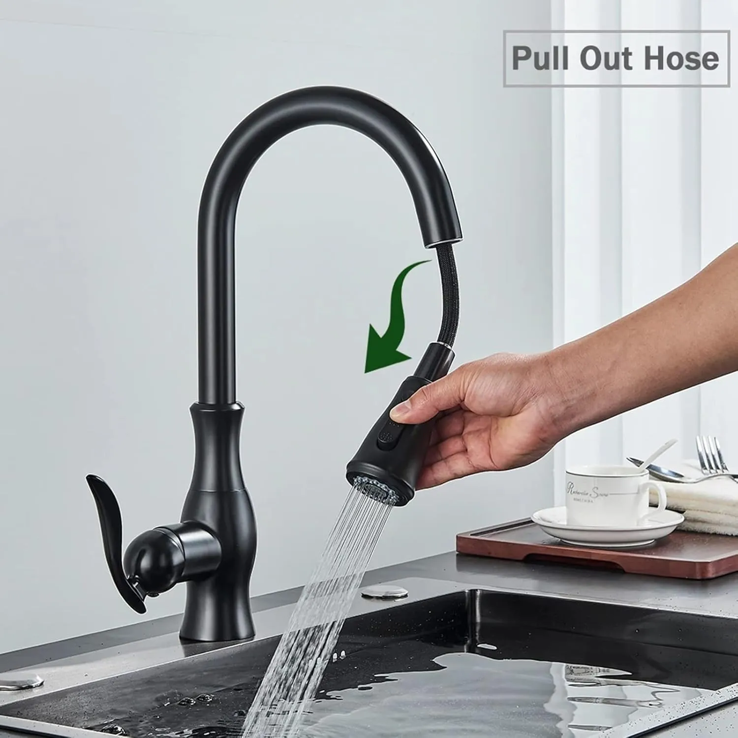 Faucet Pull Down Sprayer Brass Sink Faucet with 2-Spray Mode Single Handle High Arc Tap for Kitchen, RV, Bar,Matte Black