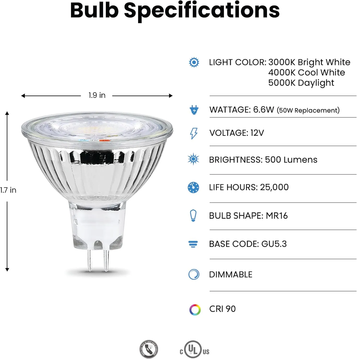 Feit Electric MR16 LED Reflector Light Bulb, 50W Equivalent, Dimmable, GU5.3 Base, 90  CRI, 500 Lumen, Adjustable Color Track Lighting, 25,000-Hour Lifespan, BPEXN/3CCTCA/3/6, 18-Pack