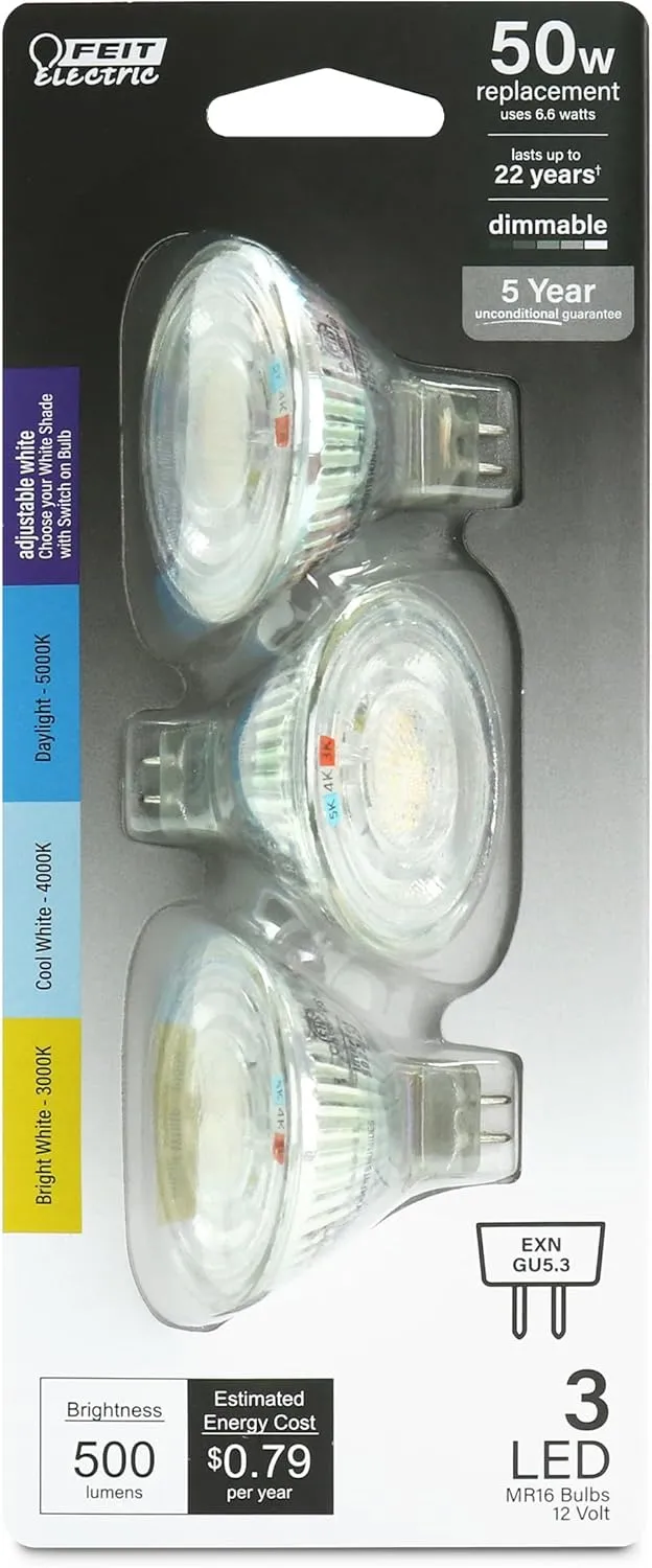 Feit Electric MR16 LED Reflector Light Bulb, 50W Equivalent, Dimmable, GU5.3 Base, 90  CRI, 500 Lumen, Adjustable Color Track Lighting, 25,000-Hour Lifespan, BPEXN/3CCTCA/3/6, 18-Pack