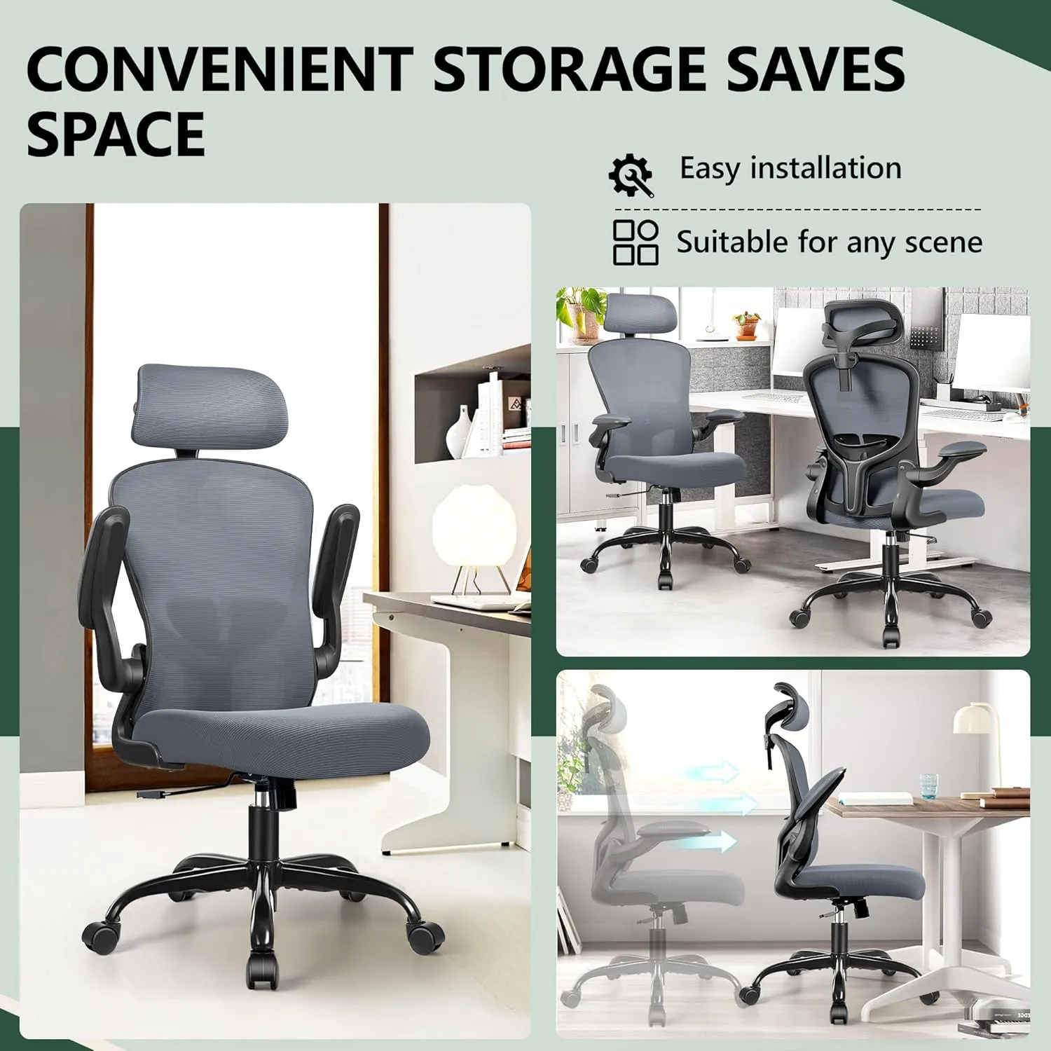 FelixKing Office Desk Chairs, Ergonomic PC Desk Chair with Wheels, Adjustable Lumbar Support and Height, Swivel Computer Chair with Flip-up Armrests, Ergo Mesh Backrest for Working (Dark Gray)