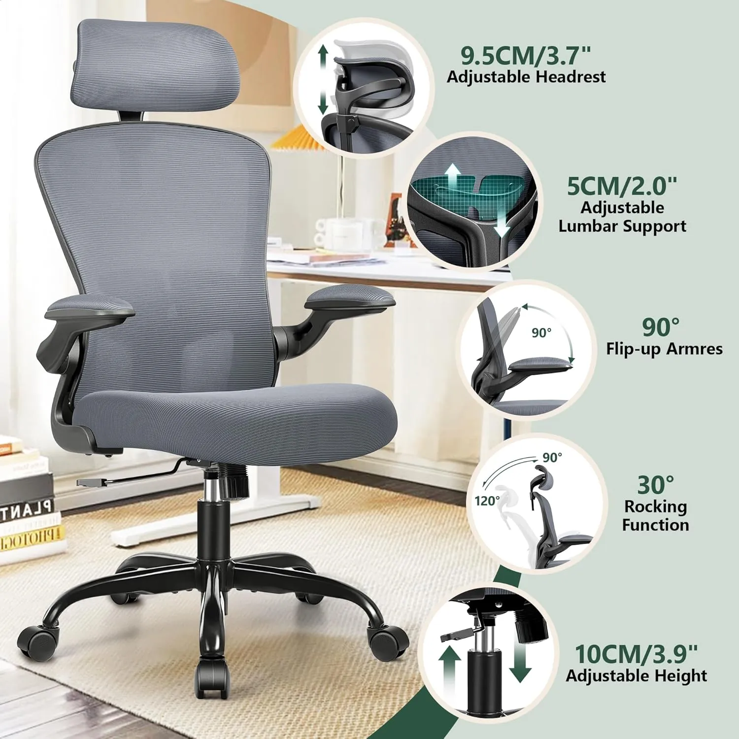 FelixKing Office Desk Chairs, Ergonomic PC Desk Chair with Wheels, Adjustable Lumbar Support and Height, Swivel Computer Chair with Flip-up Armrests, Ergo Mesh Backrest for Working (Dark Gray)