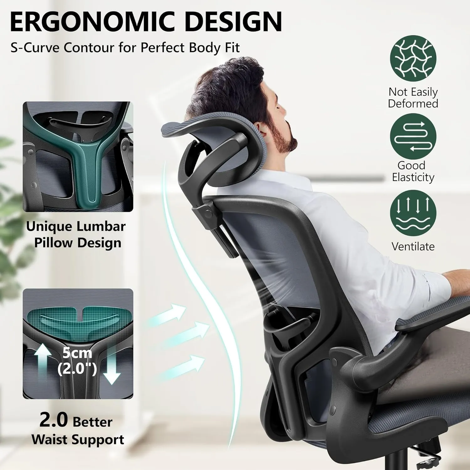 FelixKing Office Desk Chairs, Ergonomic PC Desk Chair with Wheels, Adjustable Lumbar Support and Height, Swivel Computer Chair with Flip-up Armrests, Ergo Mesh Backrest for Working (Dark Gray)