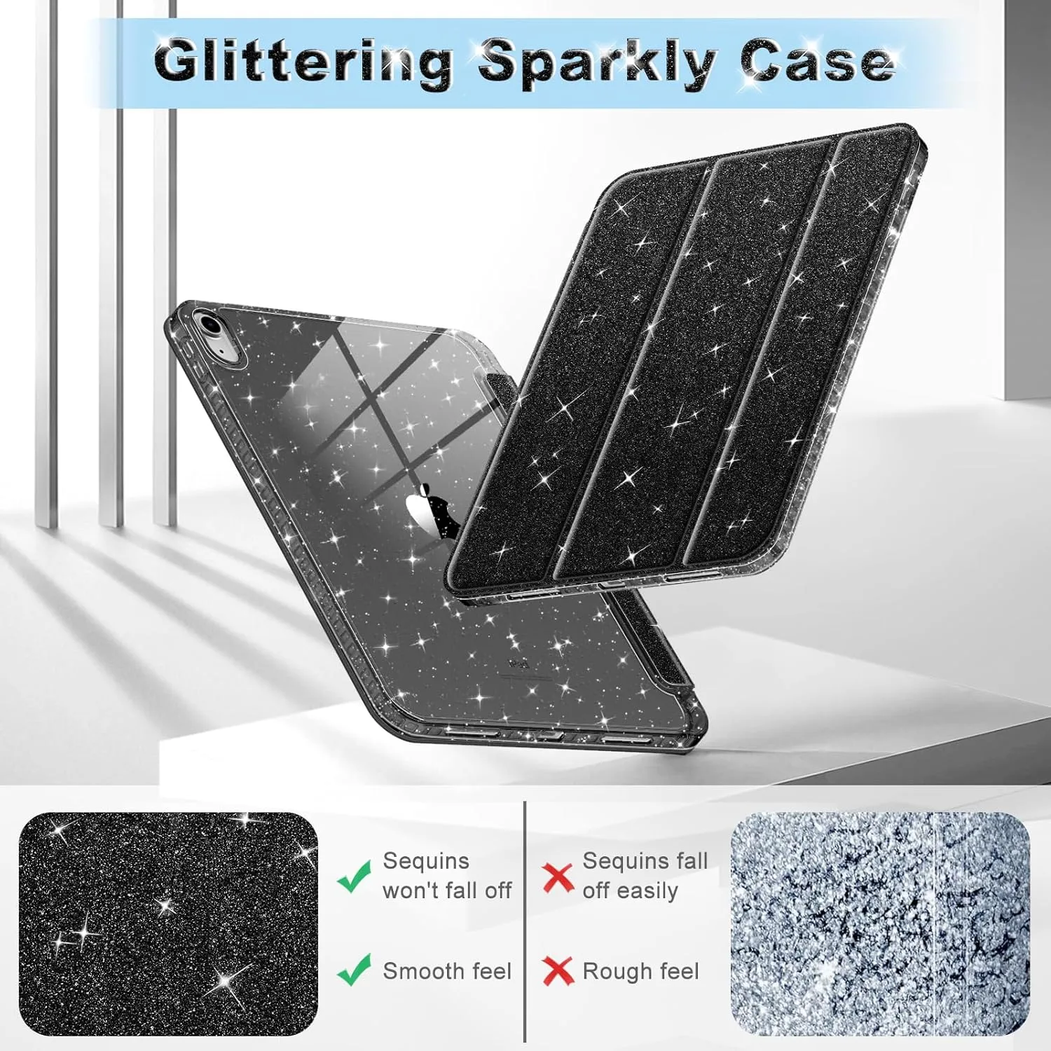 Fintie Slim Case for iPad (A16) 11th Generation 11 Inch (2025), iPad 10th Generation 10.9 Inch (2022) - Glittering Sparkly Shockproof Cover with Shiny Clear Back Shell & Pencil Holder, Black