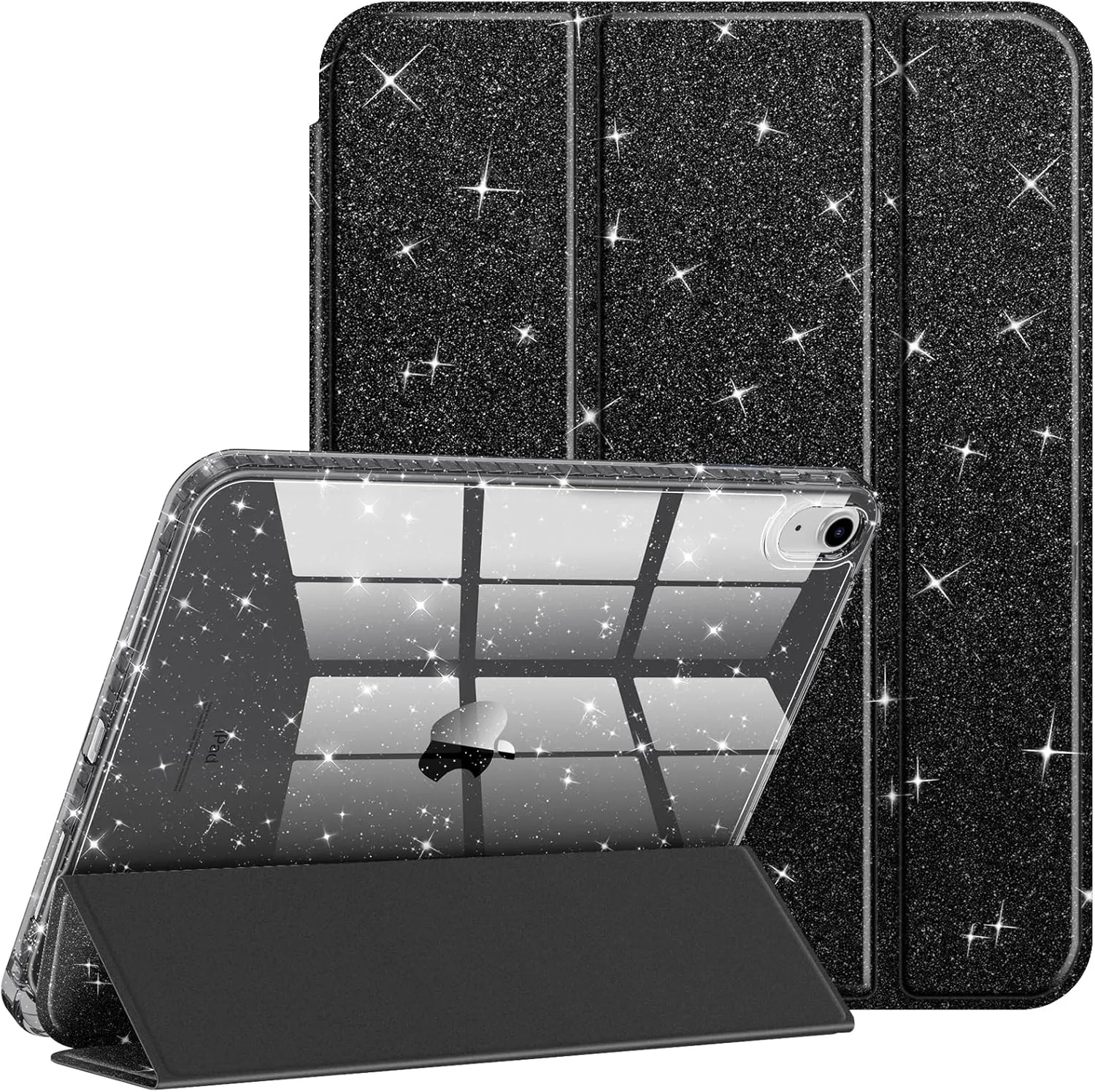 Fintie Slim Case for iPad (A16) 11th Generation 11 Inch (2025), iPad 10th Generation 10.9 Inch (2022) - Glittering Sparkly Shockproof Cover with Shiny Clear Back Shell & Pencil Holder, Black