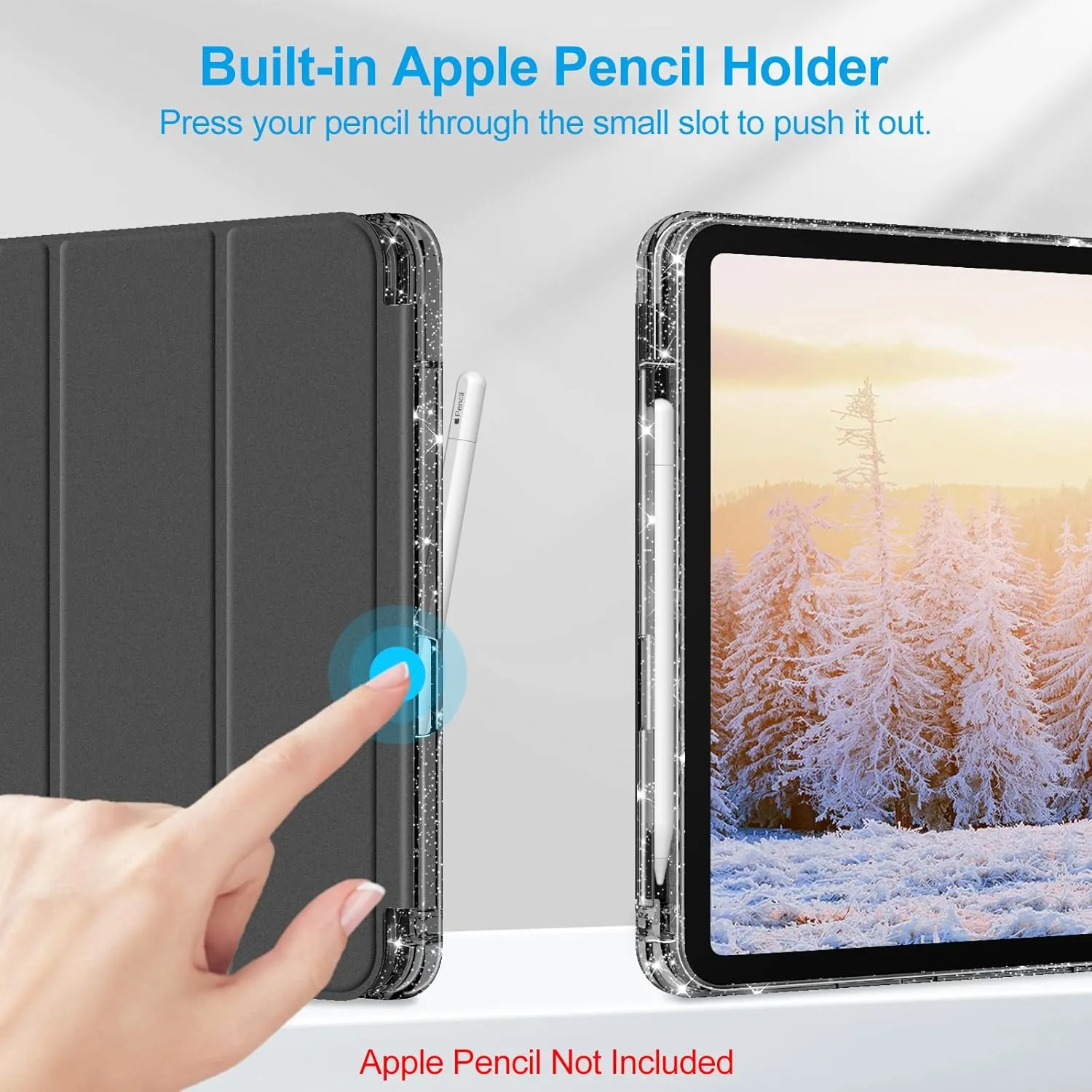 Fintie Slim Case for iPad (A16) 11th Generation 11 Inch (2025), iPad 10th Generation 10.9 Inch (2022) - Glittering Sparkly Shockproof Cover with Shiny Clear Back Shell & Pencil Holder, Black