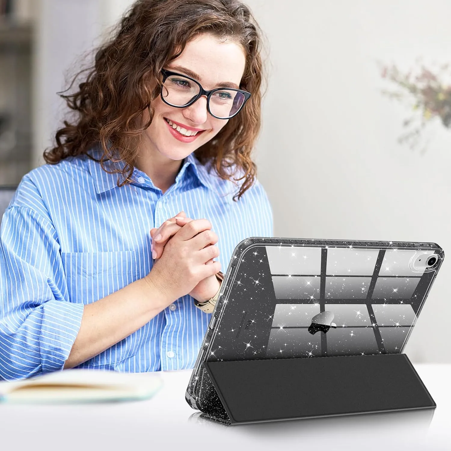 Fintie Slim Case for iPad (A16) 11th Generation 11 Inch (2025), iPad 10th Generation 10.9 Inch (2022) - Glittering Sparkly Shockproof Cover with Shiny Clear Back Shell & Pencil Holder, Black