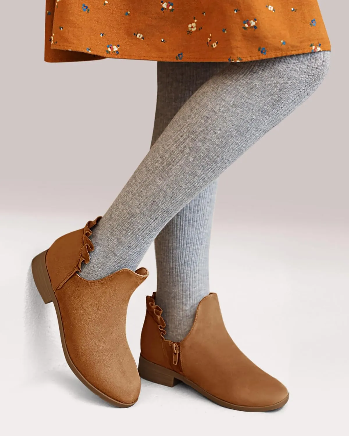 FISACE Girls Ruffled Ankle Boots V Cut Out Chunky Low Heel Dressy Western Booties