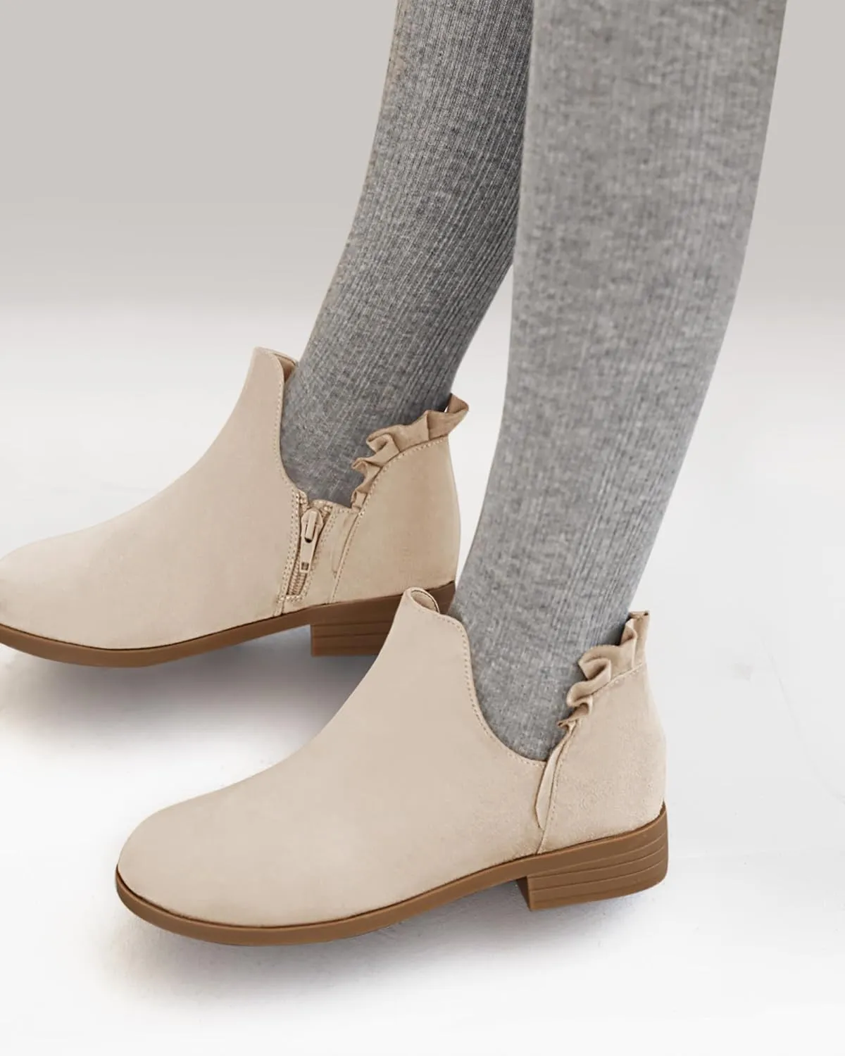 FISACE Girls Ruffled Ankle Boots V Cut Out Chunky Low Heel Dressy Western Booties