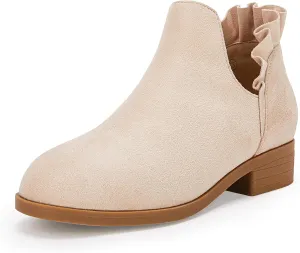 FISACE Girls Ruffled Ankle Boots V Cut Out Chunky Low Heel Dressy Western Booties