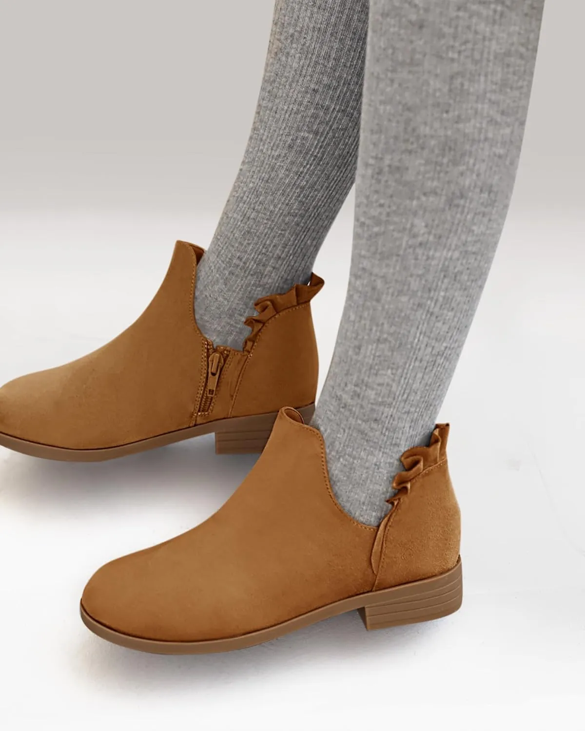 FISACE Girls Ruffled Ankle Boots V Cut Out Chunky Low Heel Dressy Western Booties