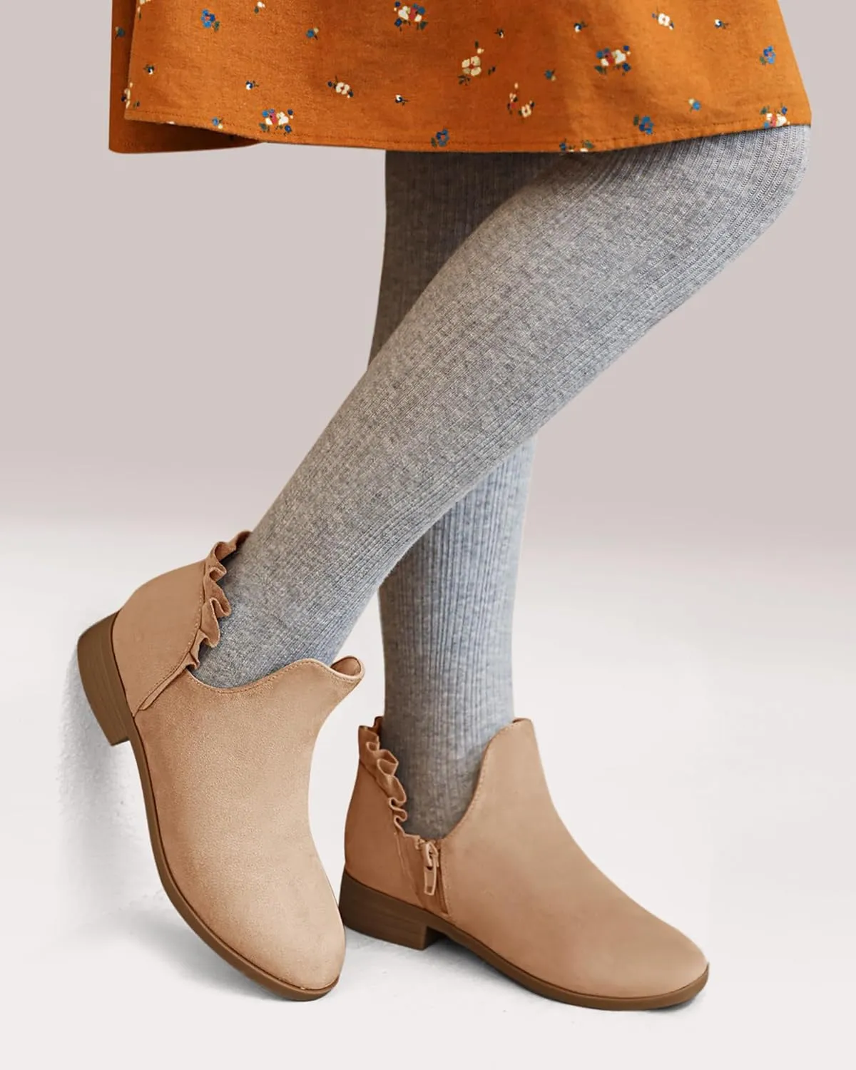 FISACE Girls Ruffled Ankle Boots V Cut Out Chunky Low Heel Dressy Western Booties