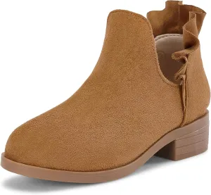FISACE Girls Ruffled Ankle Boots V Cut Out Chunky Low Heel Dressy Western Booties