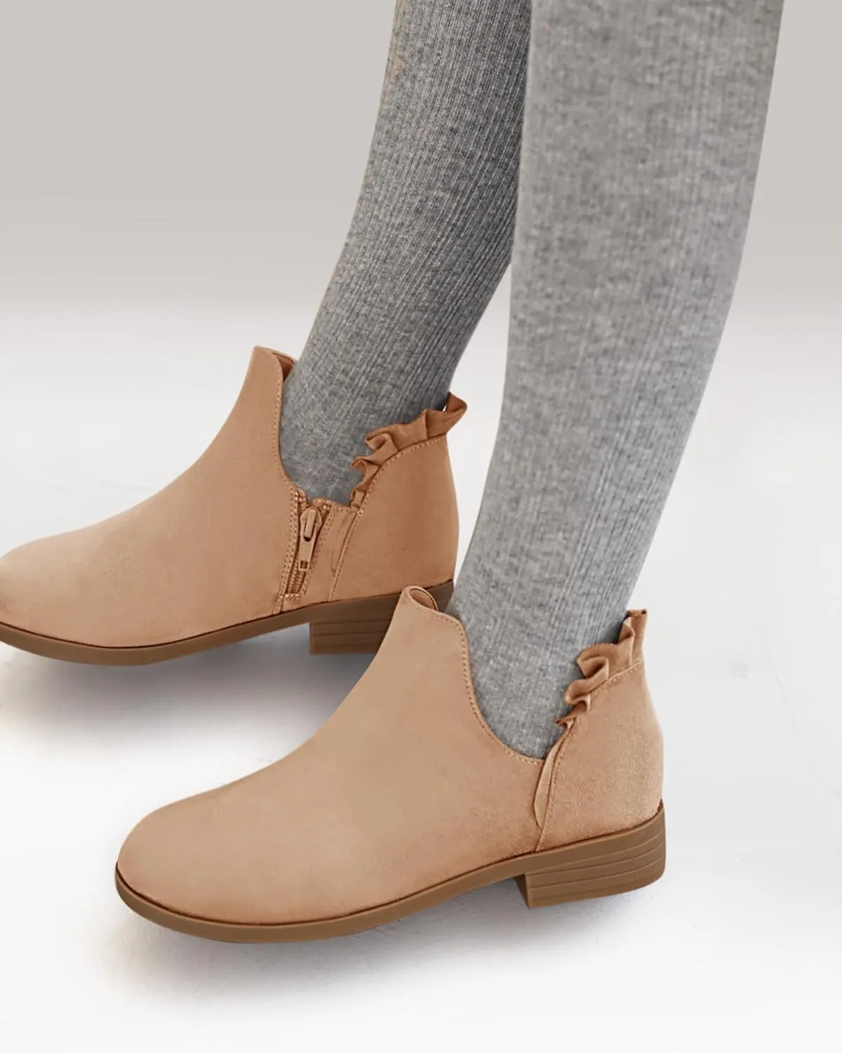 FISACE Girls Ruffled Ankle Boots V Cut Out Chunky Low Heel Dressy Western Booties