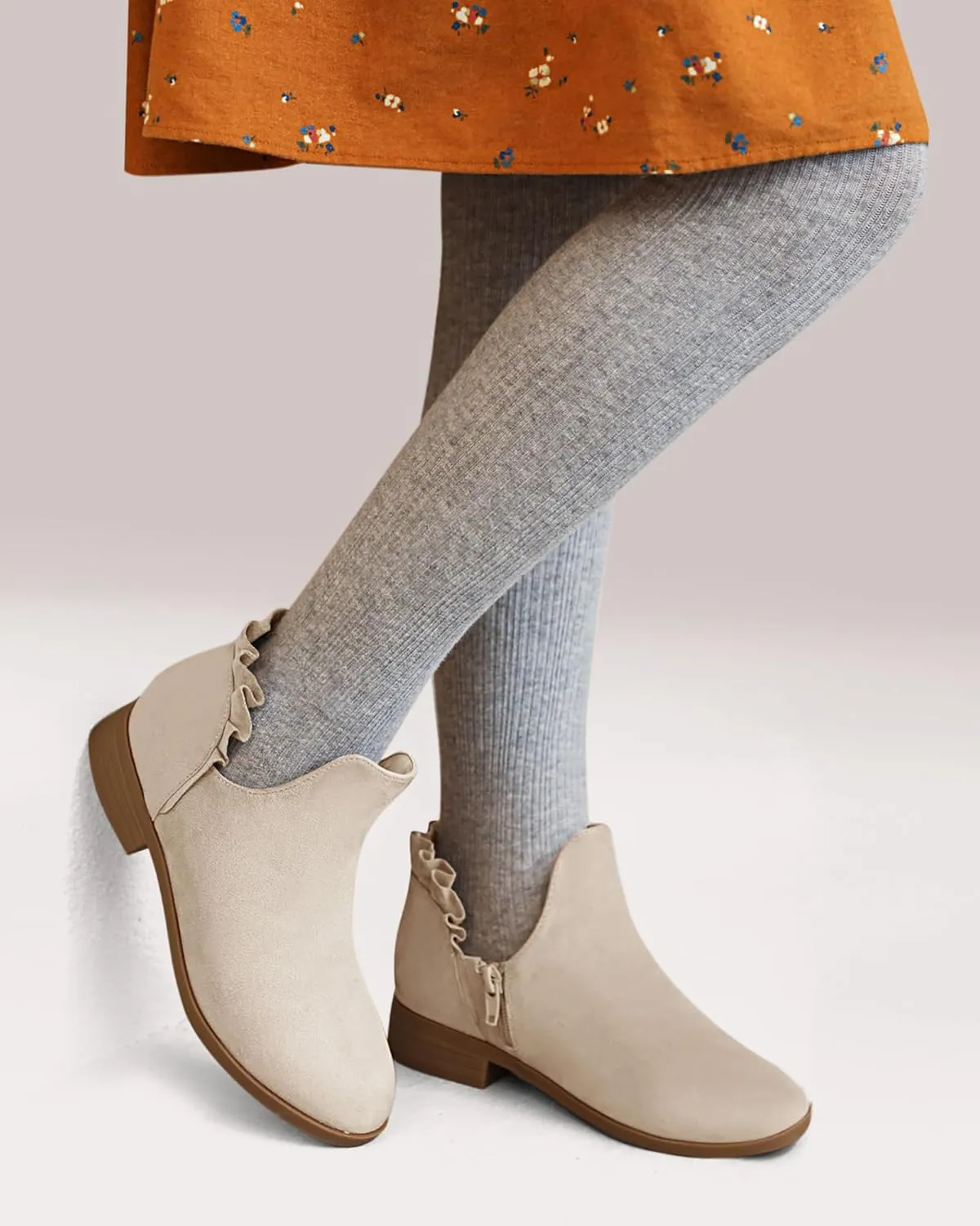 FISACE Girls Ruffled Ankle Boots V Cut Out Chunky Low Heel Dressy Western Booties