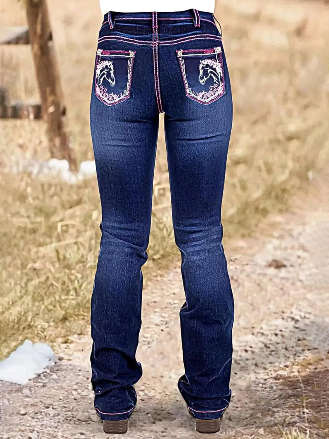 Flamingals Boot Cut Jeans for Women Embroidery Mid Waist Wash Tummy Control Jean Flare Stretchy Jeans Denim Jeans