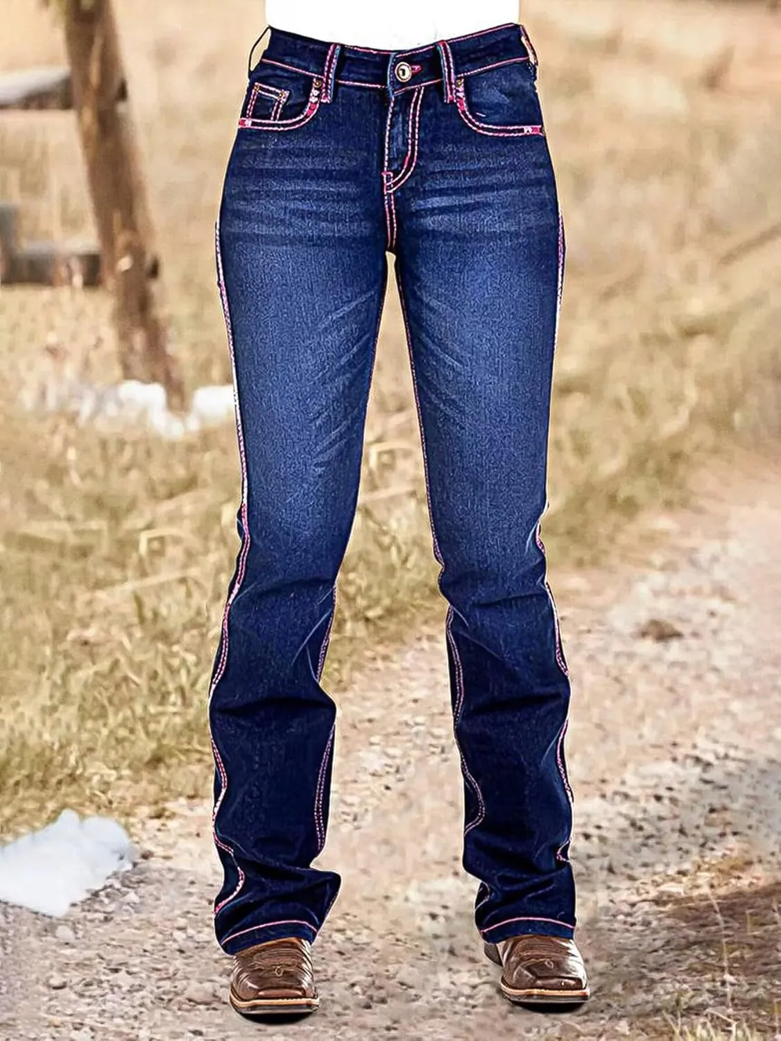 Flamingals Boot Cut Jeans for Women Embroidery Mid Waist Wash Tummy Control Jean Flare Stretchy Jeans Denim Jeans