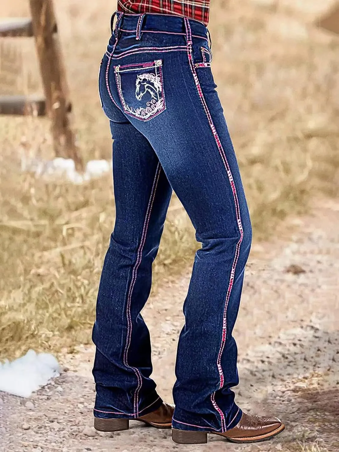 Flamingals Boot Cut Jeans for Women Embroidery Mid Waist Wash Tummy Control Jean Flare Stretchy Jeans Denim Jeans