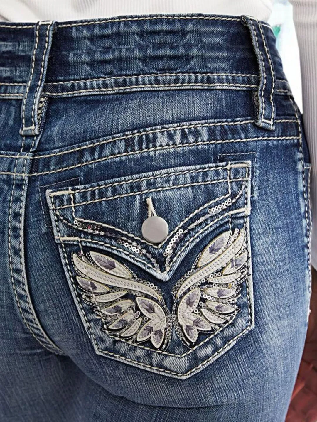 Flamingals Women's Boot Cut Jeans Butt Lifting Stretch Jeans Embroidered Skinny Leg Mid Rise Double Button Jeans
