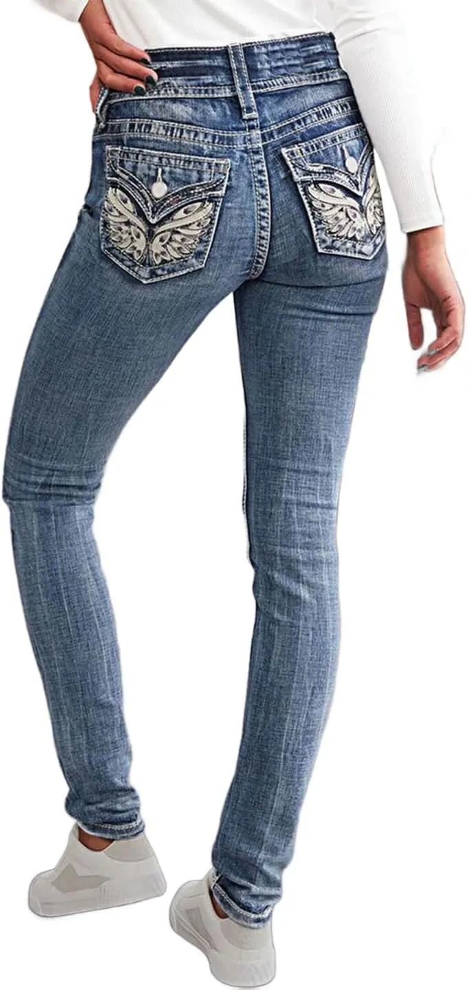 Flamingals Women's Boot Cut Jeans Butt Lifting Stretch Jeans Embroidered Skinny Leg Mid Rise Double Button Jeans