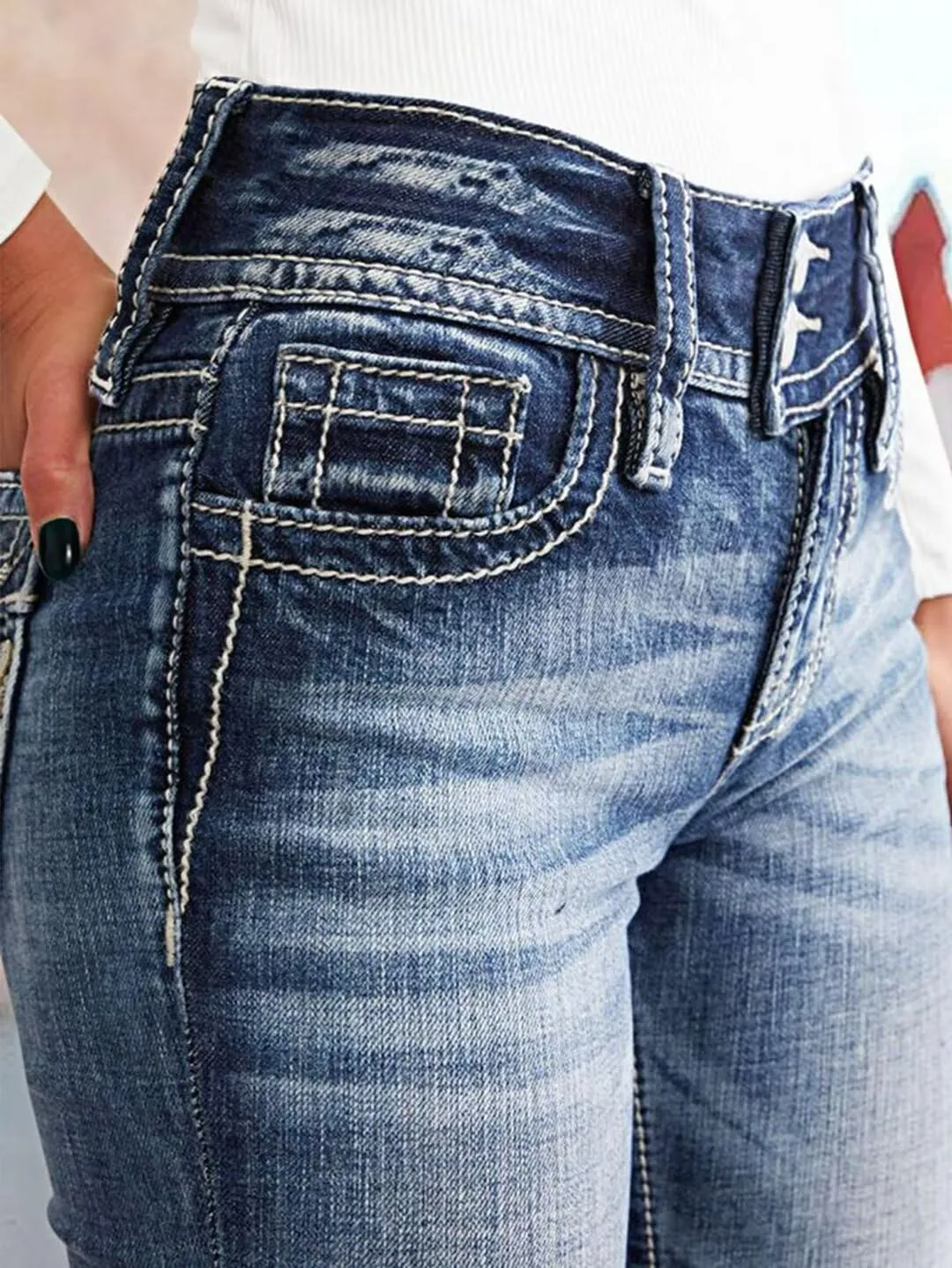 Flamingals Women's Boot Cut Jeans Butt Lifting Stretch Jeans Embroidered Skinny Leg Mid Rise Double Button Jeans
