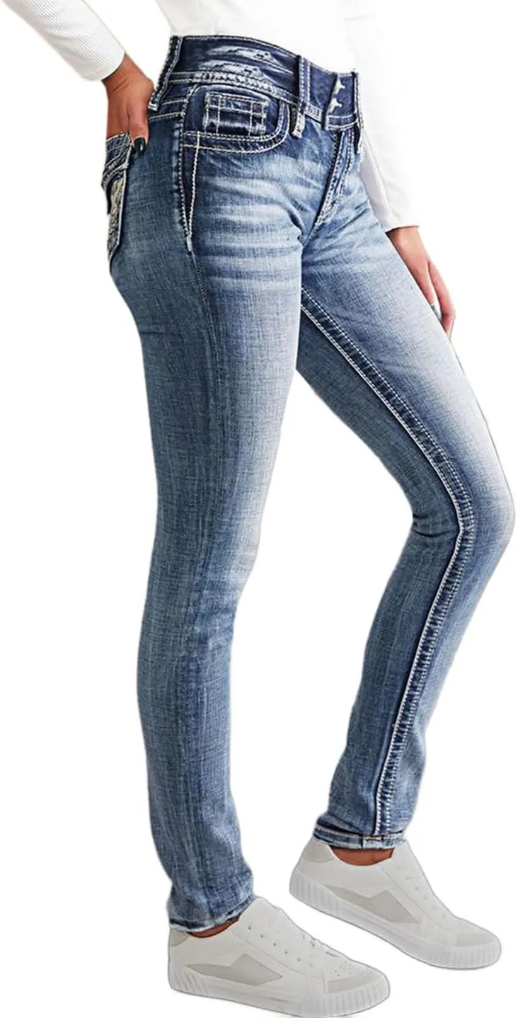 Flamingals Women's Boot Cut Jeans Butt Lifting Stretch Jeans Embroidered Skinny Leg Mid Rise Double Button Jeans