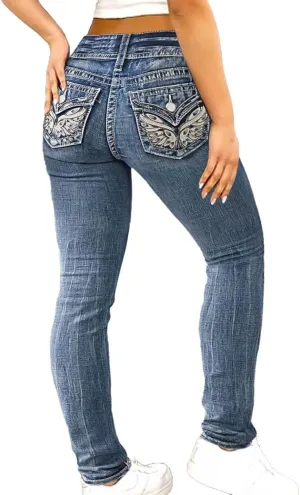 Flamingals Women's Boot Cut Jeans Butt Lifting Stretch Jeans Embroidered Skinny Leg Mid Rise Double Button Jeans