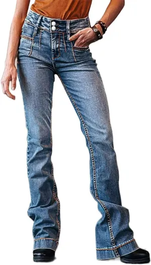 Flamingals Women's Boot Cut Jeans Mid Waist Wash Tummy Control Stretchy Double Button Denim Pants