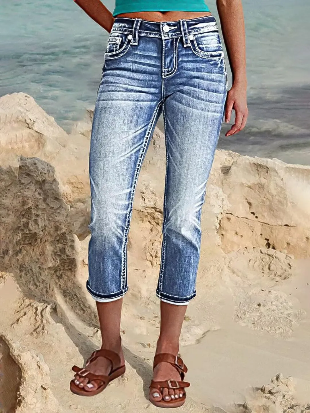 Flamingals Women's Denim Capri Jeans for Women Mid Rise Skinny Capri Pants