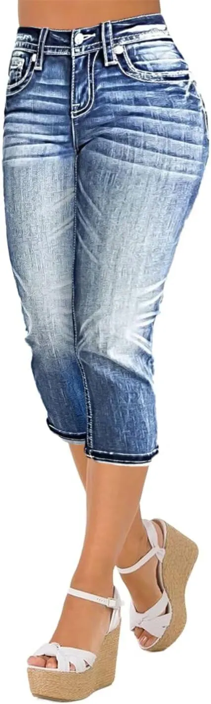 Flamingals Women's Denim Capri Jeans for Women Mid Rise Skinny Capri Pants