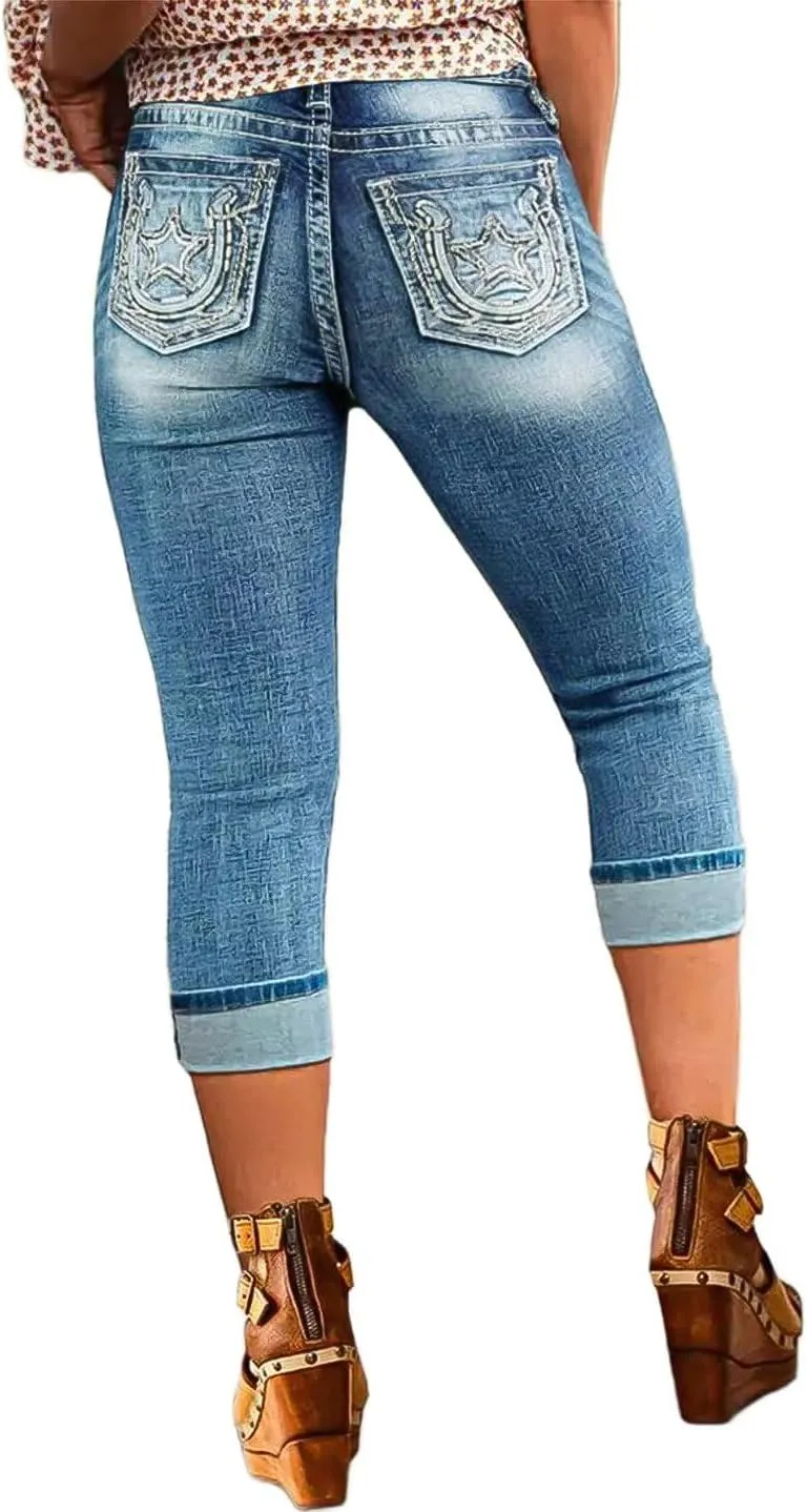 Flamingals Women's Denim Capri Jeans for Women Mid Rise Skinny Capri Pants