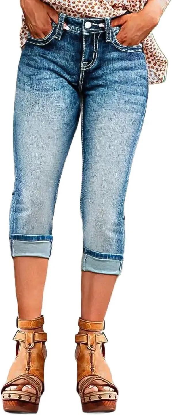 Flamingals Women's Denim Capri Jeans for Women Mid Rise Skinny Capri Pants