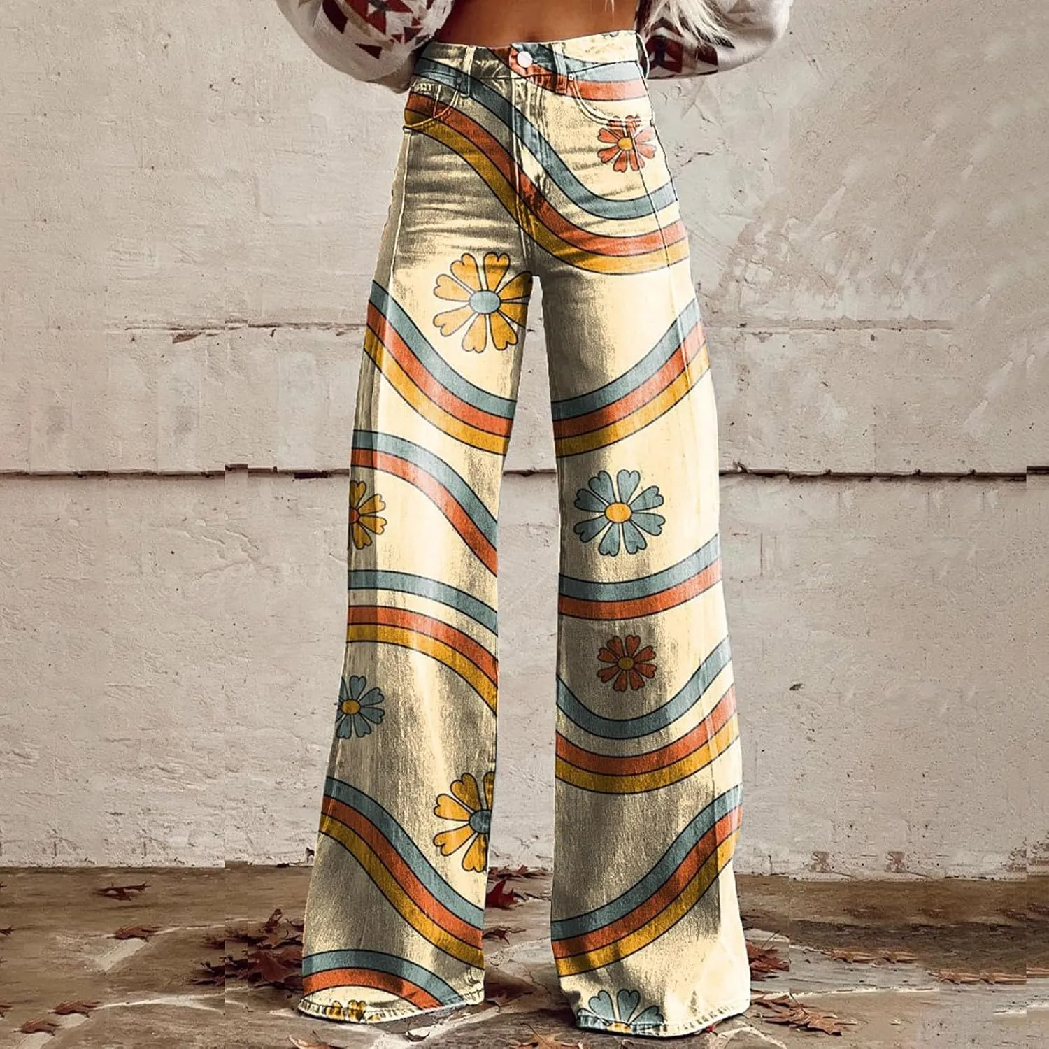 Flare Jeans for Women Wide Leg Jeans Woman Vintage Floral Print High Waisted Straight Stretch Pants with Pockets