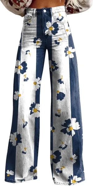 Flare Jeans for Women Wide Leg Jeans Woman Vintage Floral Print High Waisted Straight Stretch Pants with Pockets