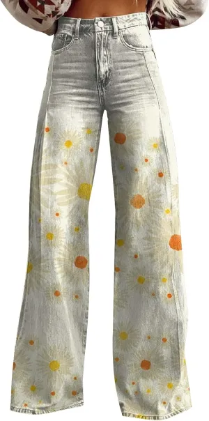 Flare Jeans for Women Wide Leg Jeans Woman Vintage Floral Print High Waisted Straight Stretch Pants with Pockets