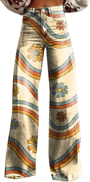 Flare Jeans for Women Wide Leg Jeans Woman Vintage Floral Print High Waisted Straight Stretch Pants with Pockets