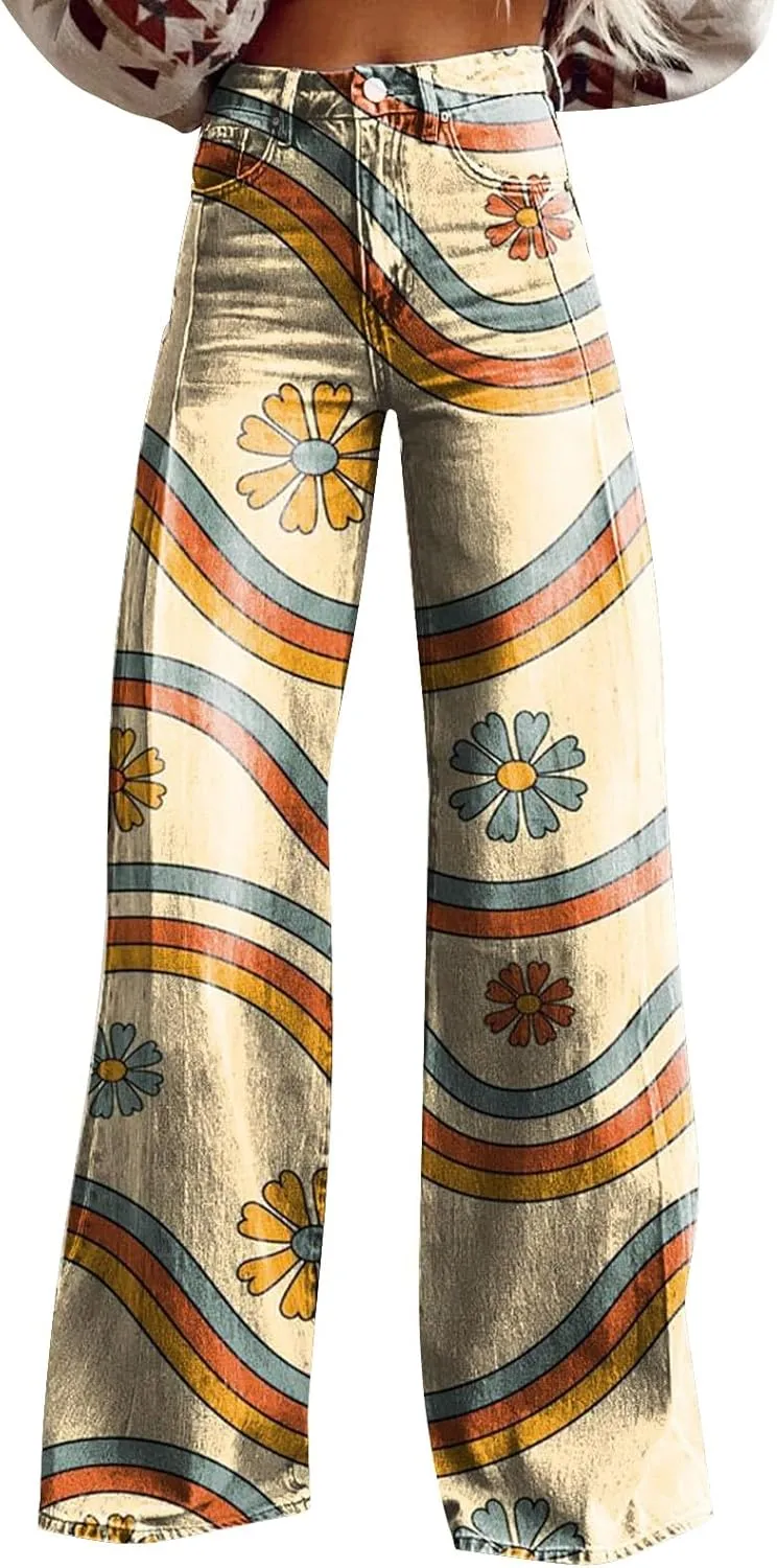 Flare Jeans for Women Wide Leg Jeans Woman Vintage Floral Print High Waisted Straight Stretch Pants with Pockets