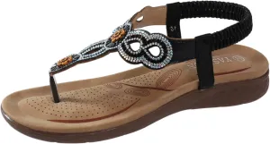 Flat Sandals for Women Bohemian Dressy Floral Thong Flats Summer Casual Beach Boho Sandal with Elastic Ankle Strap