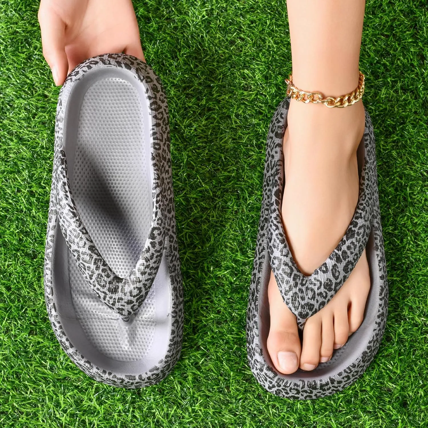 FLIOZY Leopard Print Flip Flops for Women & Men, EVA Soft Cloud Pillow Sandals, Non-Slip Platform Slippers, Cushioned Thong Slides for Indoor & Outdoor, Large Size ，Khaki, Gray, Pink, and Black