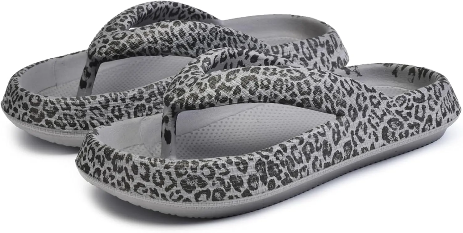 FLIOZY Leopard Print Flip Flops for Women & Men, EVA Soft Cloud Pillow Sandals, Non-Slip Platform Slippers, Cushioned Thong Slides for Indoor & Outdoor, Large Size ，Khaki, Gray, Pink, and Black