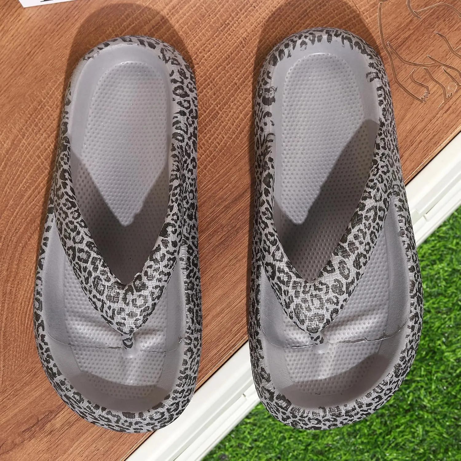 FLIOZY Leopard Print Flip Flops for Women & Men, EVA Soft Cloud Pillow Sandals, Non-Slip Platform Slippers, Cushioned Thong Slides for Indoor & Outdoor, Large Size ，Khaki, Gray, Pink, and Black
