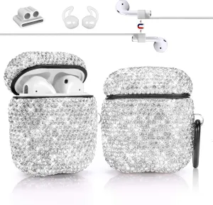 for AirPods 1 & 2 Case, Keychain Anti-Lost Strap Ear Hooks Watch Band Holder, Protective Bling Crystal Glitter Luxury Shining Diamond Rhinestone Gift Scratch/Drop Proof-White