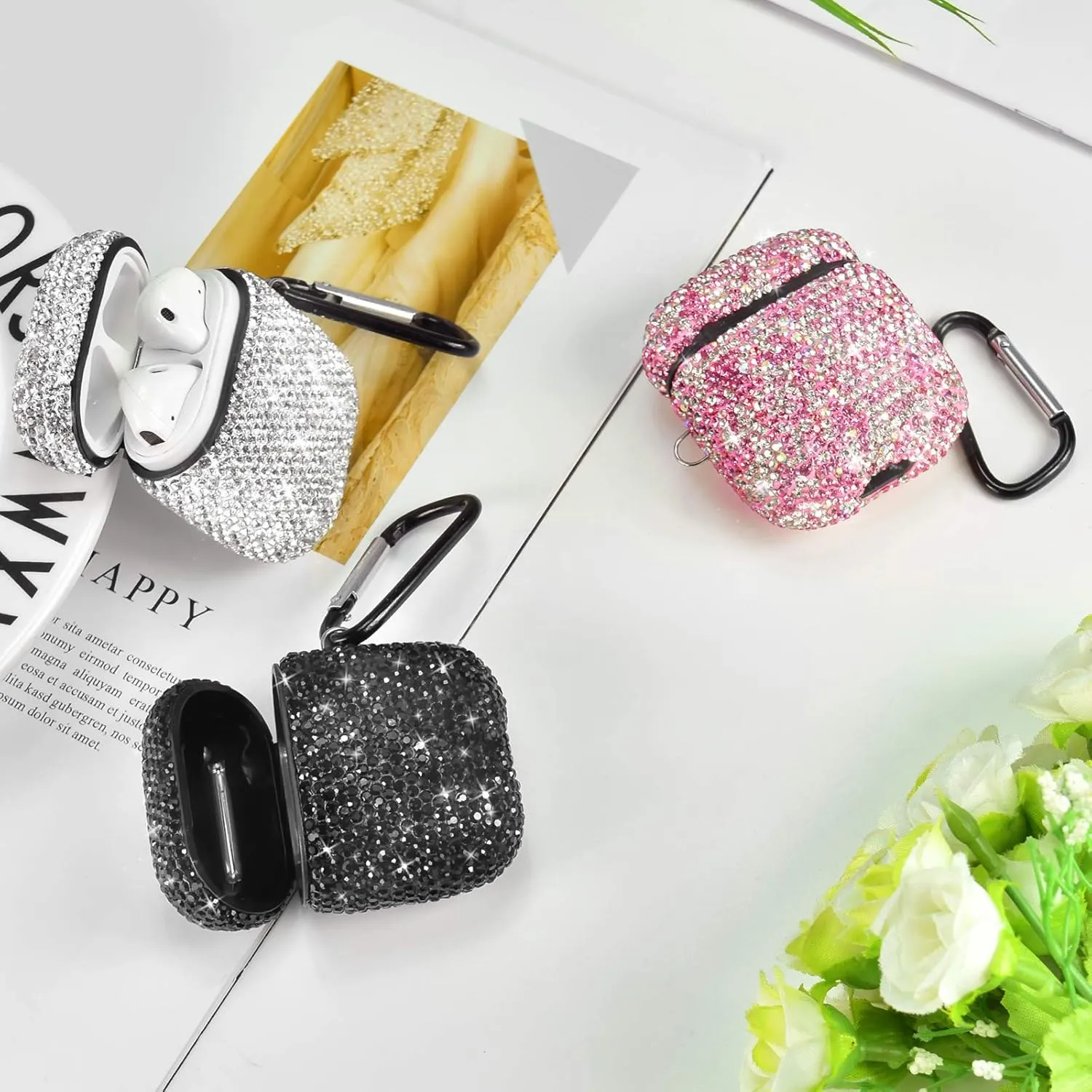 for AirPods 1 & 2 Case, Keychain Anti-Lost Strap Ear Hooks Watch Band Holder, Protective Bling Crystal Glitter Luxury Shining Diamond Rhinestone Gift Scratch/Drop Proof-White