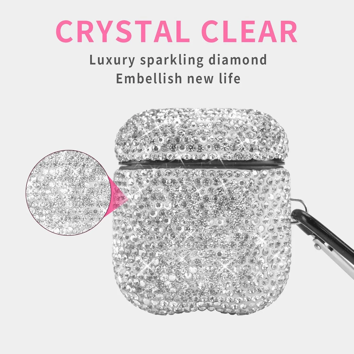 for AirPods 1 & 2 Case, Keychain Anti-Lost Strap Ear Hooks Watch Band Holder, Protective Bling Crystal Glitter Luxury Shining Diamond Rhinestone Gift Scratch/Drop Proof-White