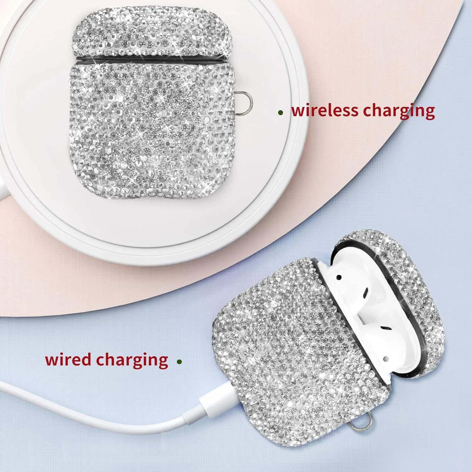 for AirPods 1 & 2 Case, Keychain Anti-Lost Strap Ear Hooks Watch Band Holder, Protective Bling Crystal Glitter Luxury Shining Diamond Rhinestone Gift Scratch/Drop Proof-White