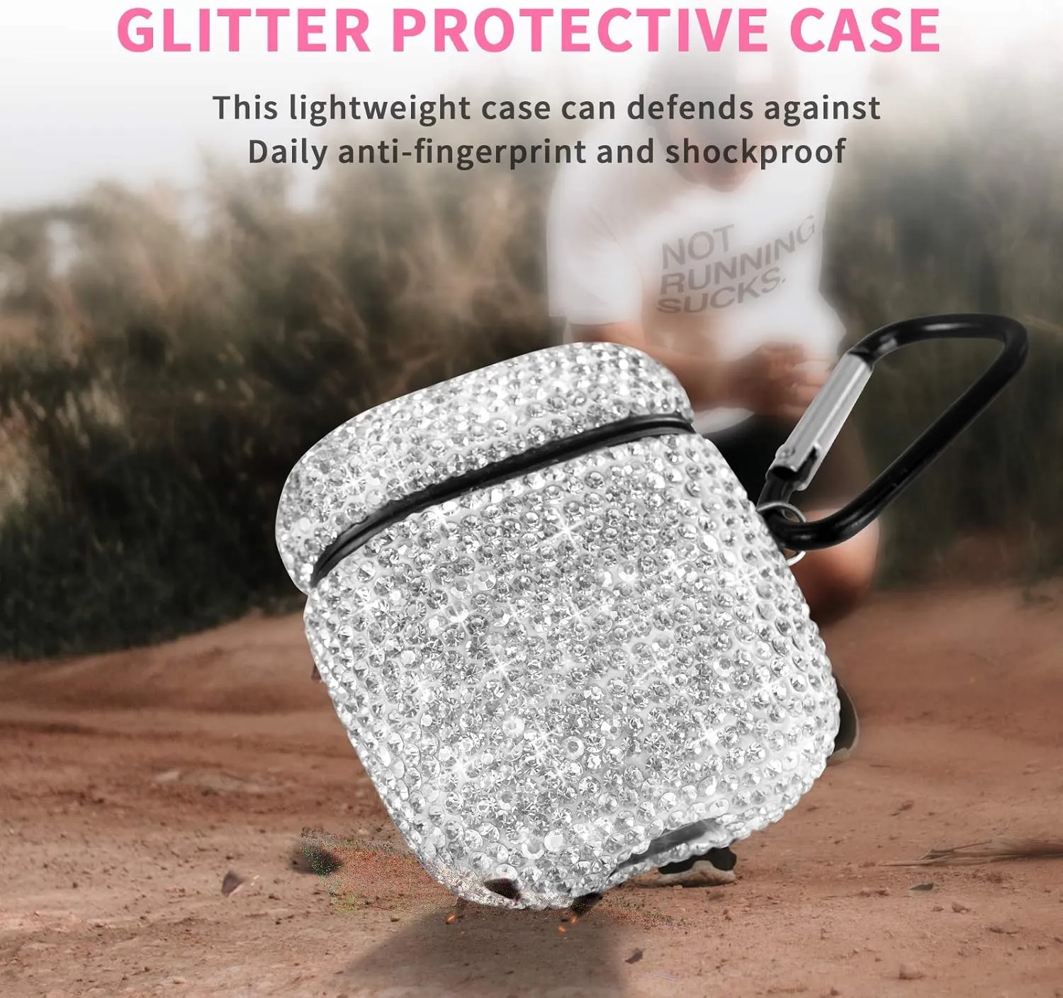 for AirPods 1 & 2 Case, Keychain Anti-Lost Strap Ear Hooks Watch Band Holder, Protective Bling Crystal Glitter Luxury Shining Diamond Rhinestone Gift Scratch/Drop Proof-White