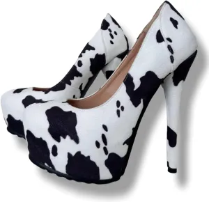 Frankie Hsu Ladies Stiletto Platform High Heeled Pumps, Cow Print Suede Dating Party Style, Big Large Size US5-19 Shoes for Women Men