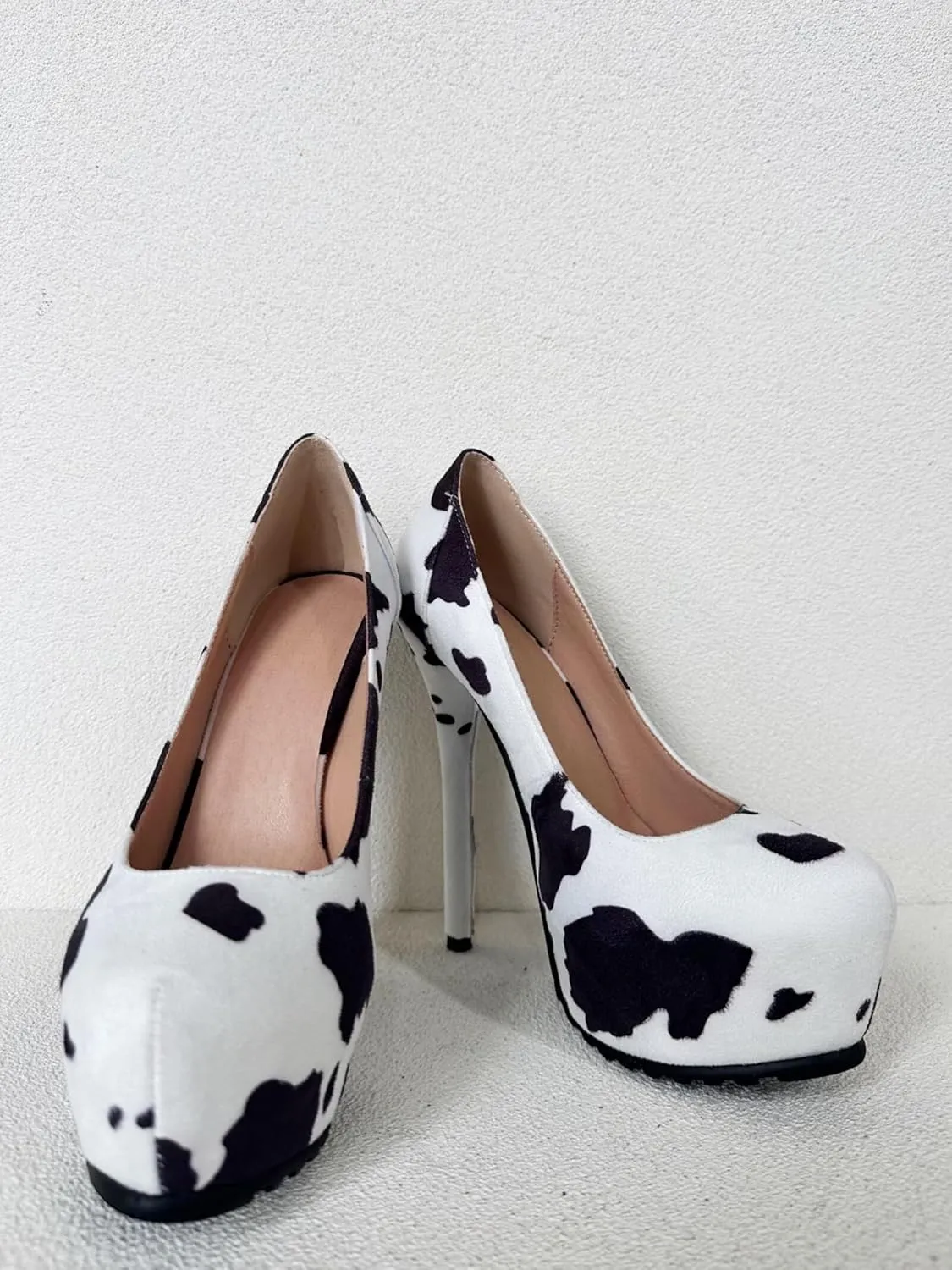 Frankie Hsu Ladies Stiletto Platform High Heeled Pumps, Cow Print Suede Dating Party Style, Big Large Size US5-19 Shoes for Women Men