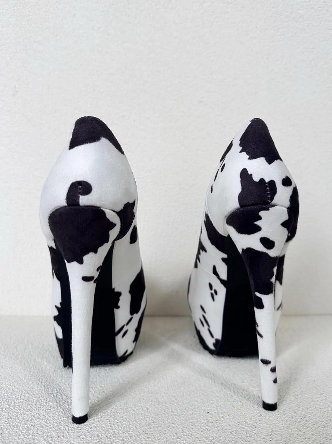 Frankie Hsu Ladies Stiletto Platform High Heeled Pumps, Cow Print Suede Dating Party Style, Big Large Size US5-19 Shoes for Women Men