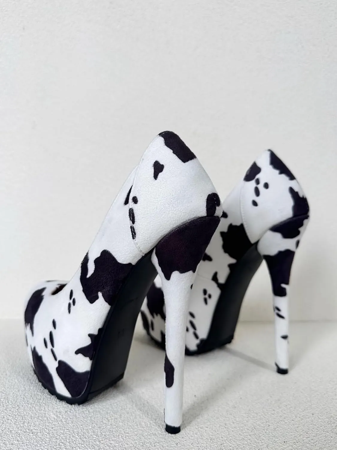 Frankie Hsu Ladies Stiletto Platform High Heeled Pumps, Cow Print Suede Dating Party Style, Big Large Size US5-19 Shoes for Women Men